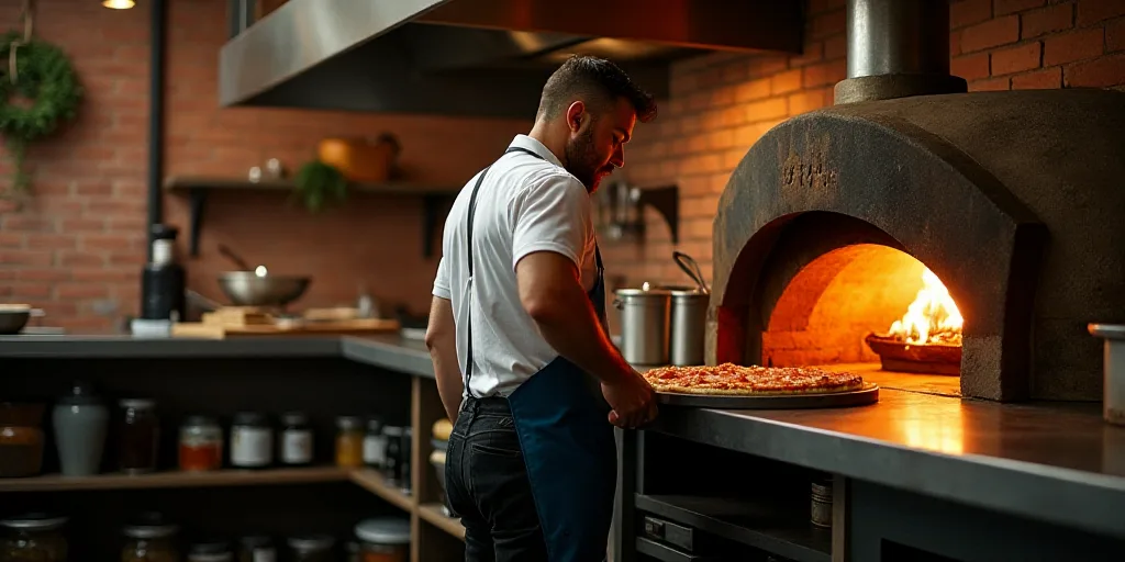 a man standing in a kitchen next to a counter with a pizza oven on it and a pizza oven on the wall,