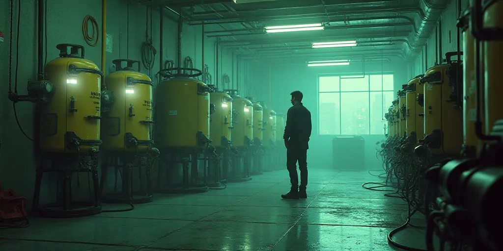 a man standing in a room with some tanks in it and a hose connected to the tank and hose connected t