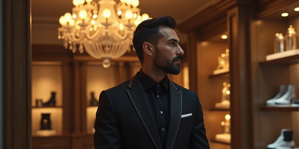 a man standing in a store with a chandelier in the background and a chandelier in the foreground, Ch