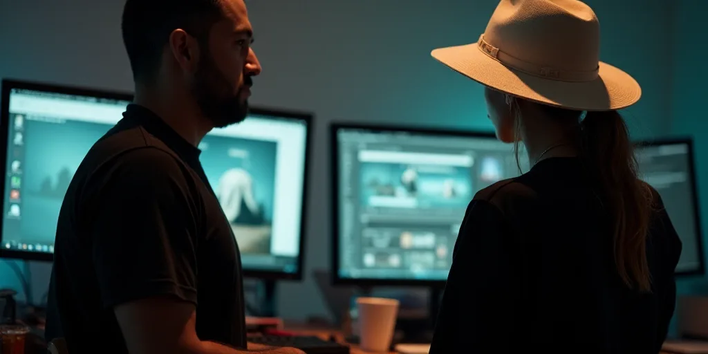 a man standing in front of a computer monitor next to a woman in a black shirt and a white hat, Carl