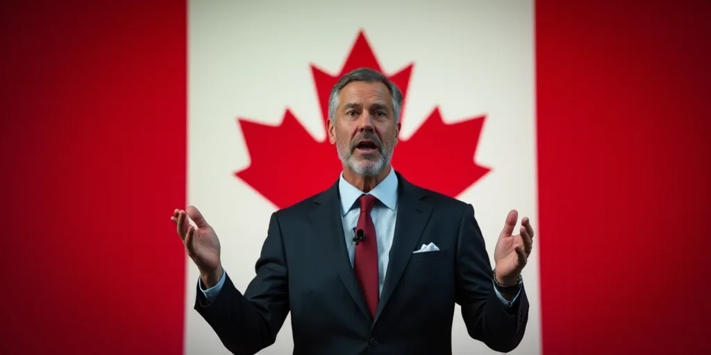 a man standing in front of a canadian flag giving a speech with his hands up in front of him, Charle
