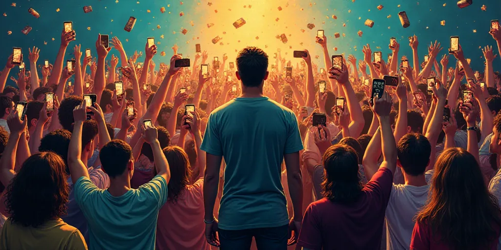 a man standing in front of a crowd of people holding up cell phones and a microphone in front of him