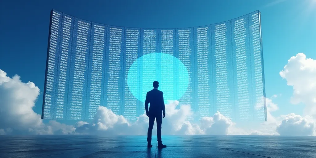 a man standing in front of a large screen with numbers on it and a sky background with clouds and a