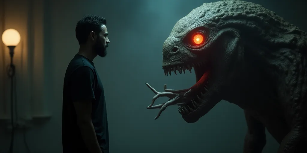 a man standing next to a creature in a room with lights on it's head and hands in his mouth, Daryush