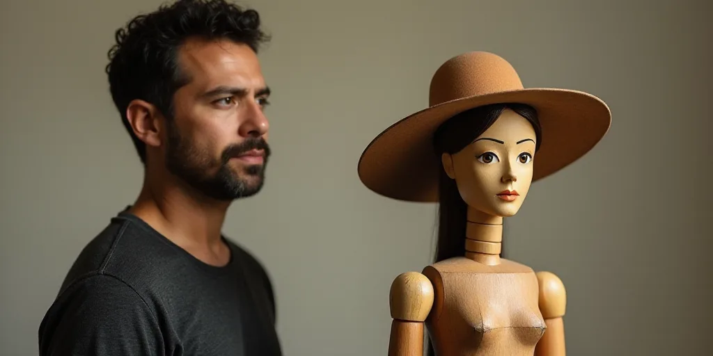 a man standing next to a wooden sculpture of a woman holding a hat on her head and a wooden doll on
