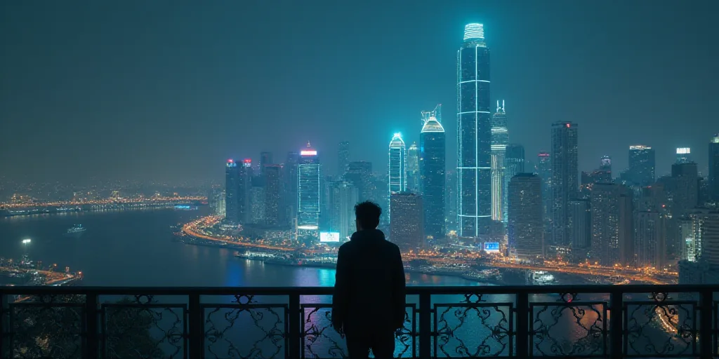 a man standing on a bridge in front of a city at night with a lot of lights on the buildings, Cui Ba