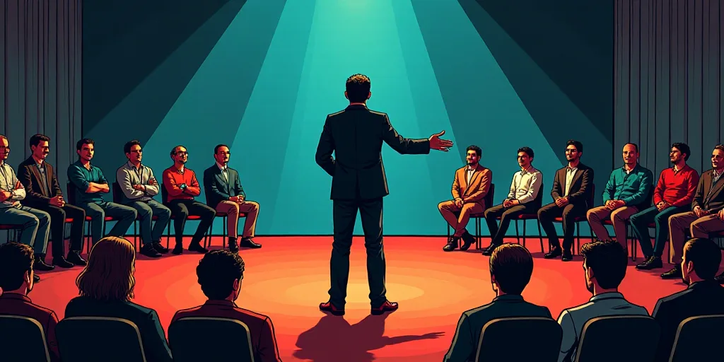 a man standing on a stage in front of a crowd of people in chairs with a microphone in his hand, Emi