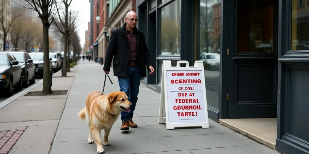 a man walking a dog down a sidewalk next to a sign that says closed due to federal government shutdo