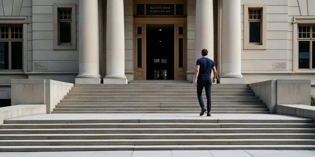 a man walking down a set of stairs next to a building with a sign on it that says reserve bank of ne