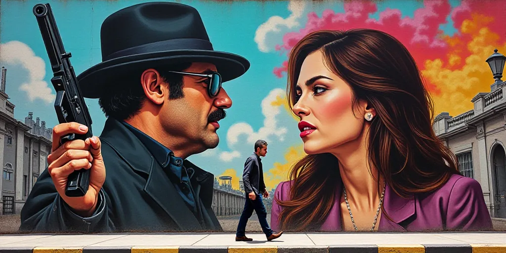 a man walking down a street past a mural of a man with a gun and a woman with a gun, Carlos Francisc