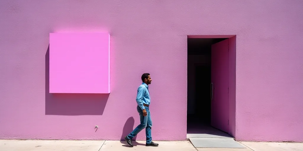 a man walking in front of a building with a pink sign on it's side and a man in a blue shirt and jea