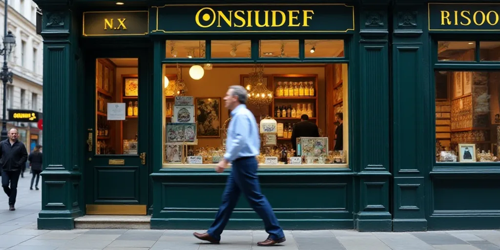 a man walking past a sign for a condusef store in a city area of london, england, Aquirax Uno, logo,