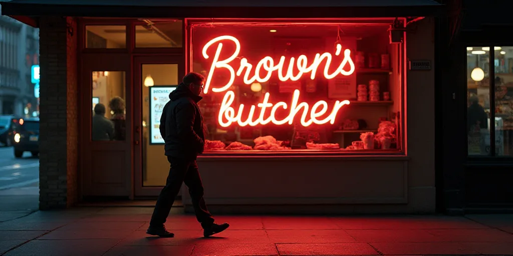 a man walking past a store front with a neon sign on it's side window that reads, brown's butcher, B
