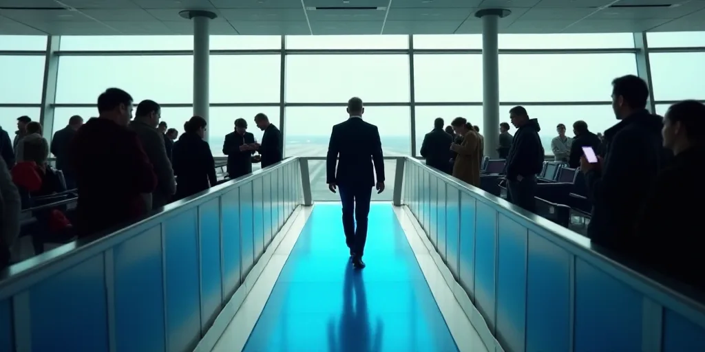 a man walking through a blue line at an airport terminal with people standing around it and looking