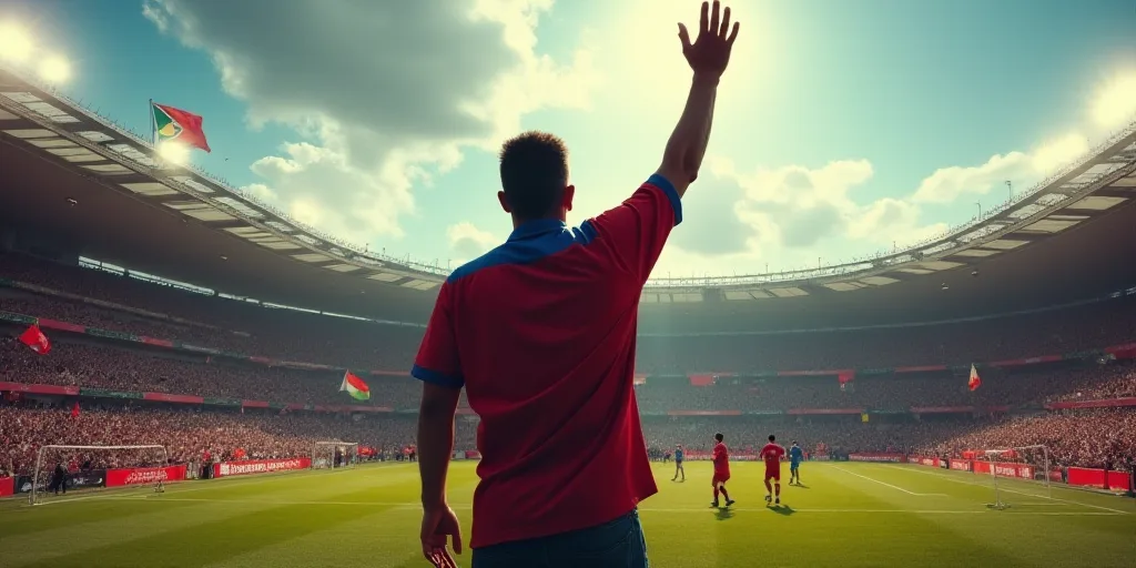 a man waving to a crowd of people in a stadium with flags on the stands and a fence with a flag, Edd