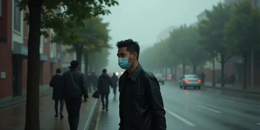 a man wearing a face mask while walking down a street with other people walking by on a sidewalk in
