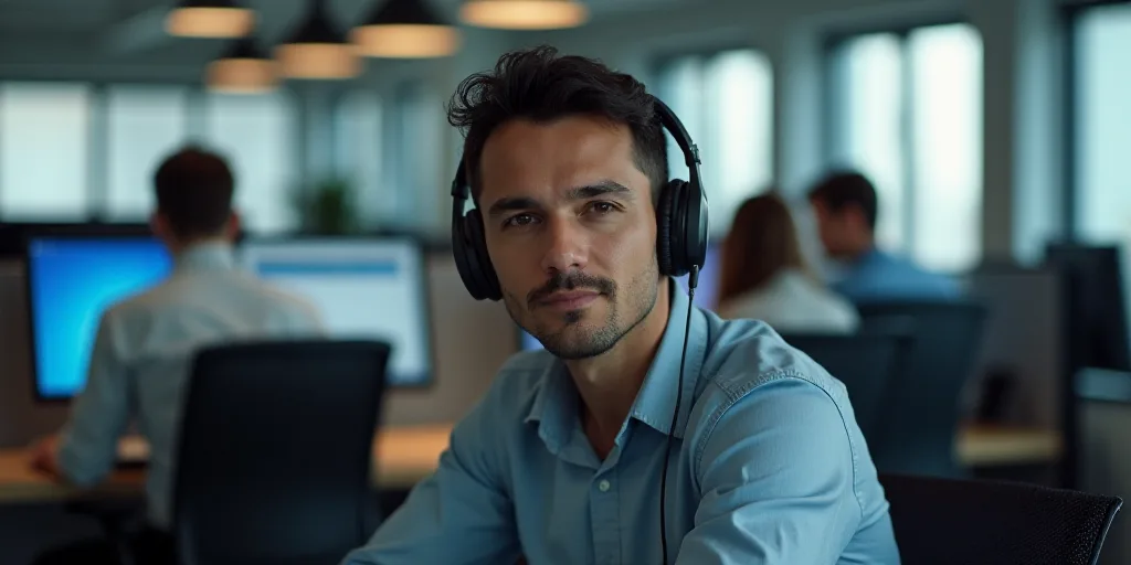 a man wearing a headset in an office setting with two other men in the background working on compute