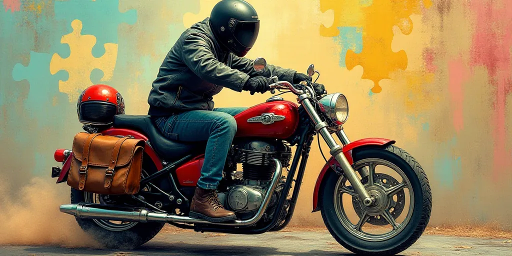 a man wearing a helmet and a jacket on a motorcycle with a bag on the back of it and a helmet on, Co