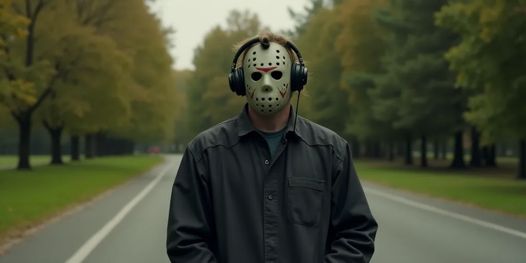 a man wearing headphones standing in a park with trees in the background and a road in the foregroun