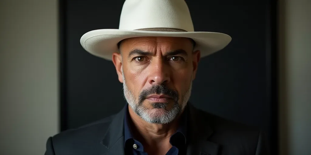 a man with a bald head and a bald man with a white hat and a black square picture of him, Estuardo M