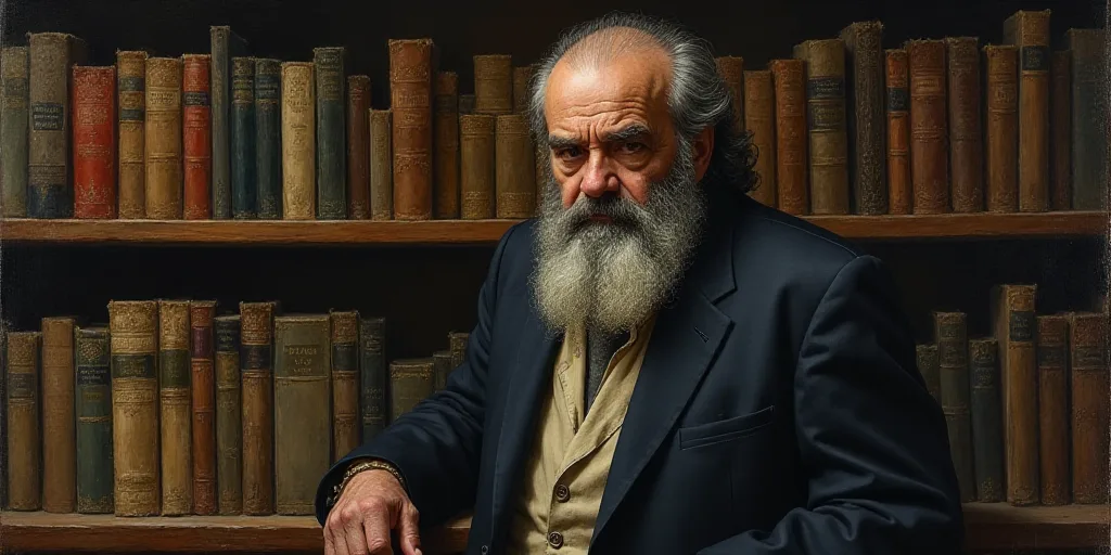 a man with a beard and a beard standing in front of a book shelf filled with books and books, Albert