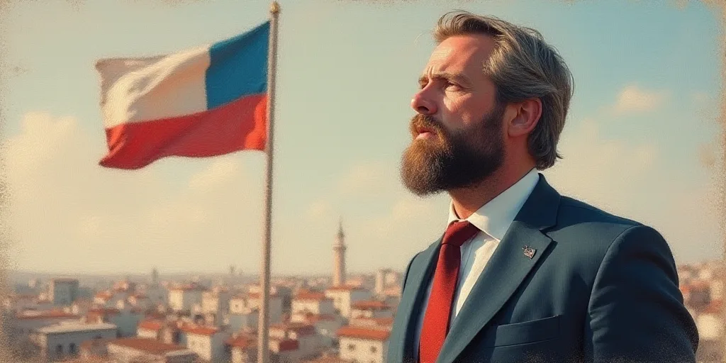 a man with a beard and a suit and tie looking off into the distance with a flag in the background, E