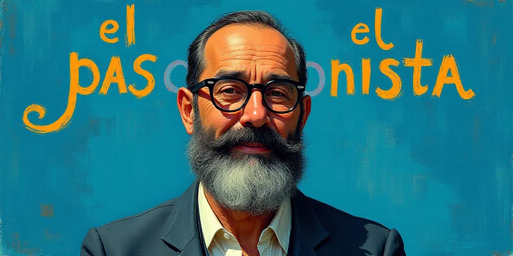 a man with a beard and glasses standing in front of a blue background with the words, el pasonista,