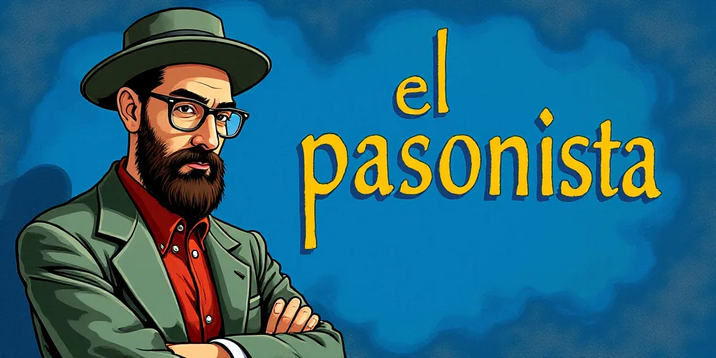 a man with a beard and glasses standing in front of a blue background with the words, el pasonista,