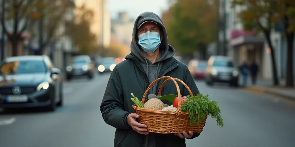 a man with a face mask and a basket of food on a street corner with a car in the background, Ceferí