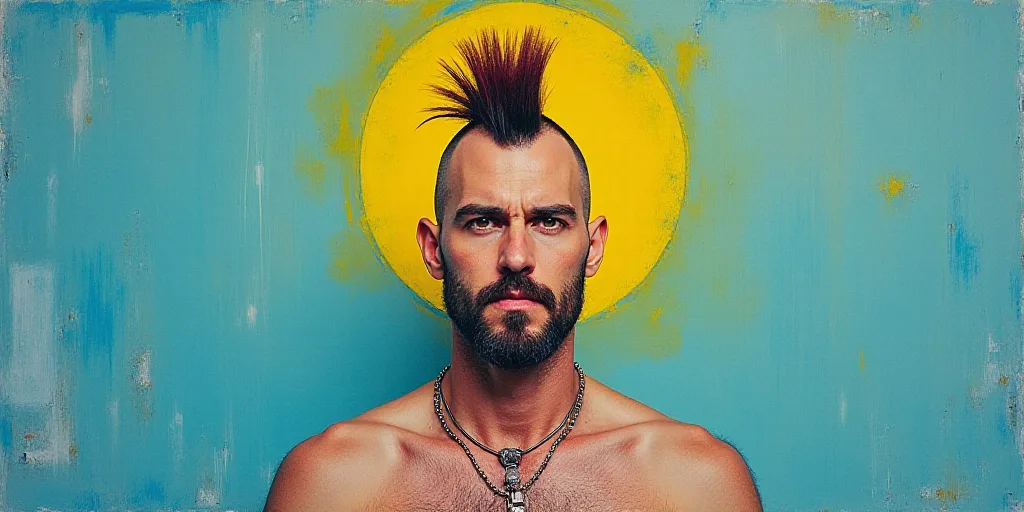 a man with a mohawk standing in front of a blue and yellow background with a black and white photo,