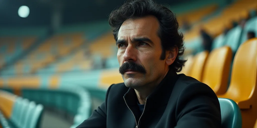 a man with a mustache and a black jacket on sitting in a stadium seat looking off to the side, Crist