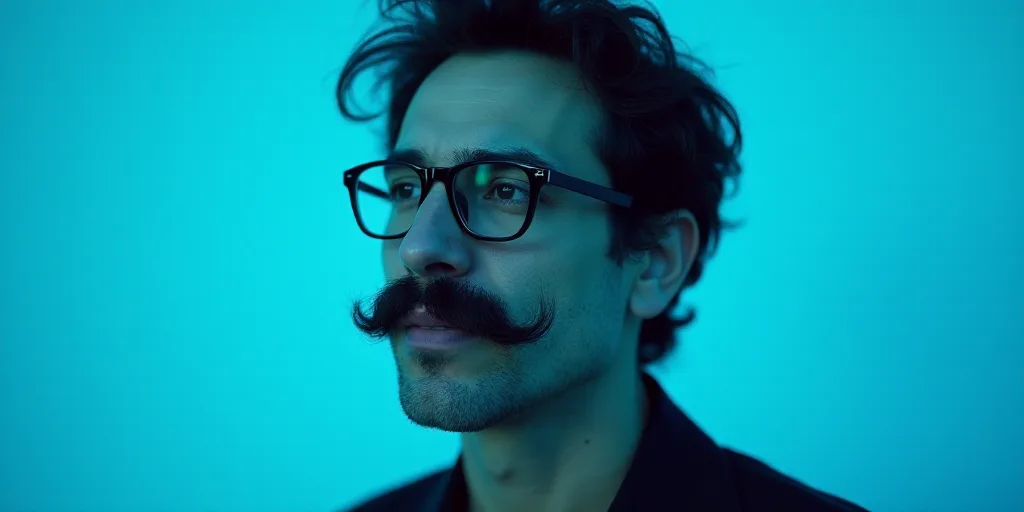 a man with a mustache and glasses is in front of a blue background with a black and white photo, Cá