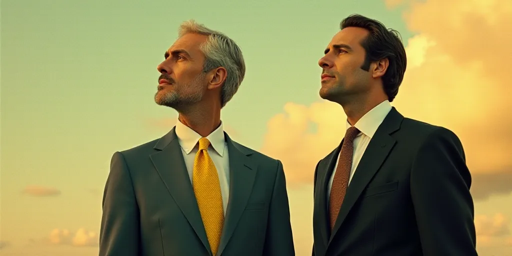 a man with a yellow tie is looking at something in the distance while a man in a black suit stands b