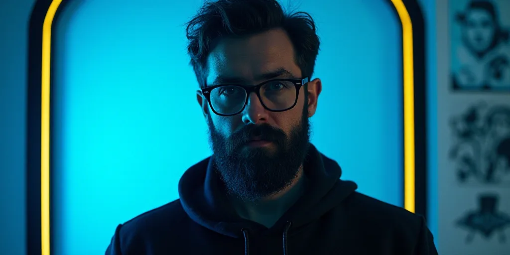 a man with glasses and a beard in front of a blue background with a black and yellow border and a bl