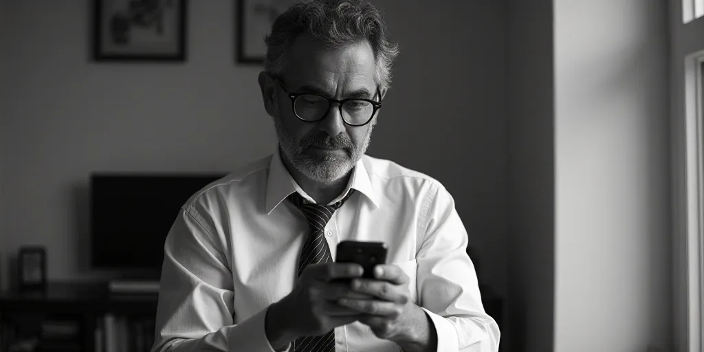 a man with glasses and a tie is looking at the camera while he is holding a cell phone in his hand,