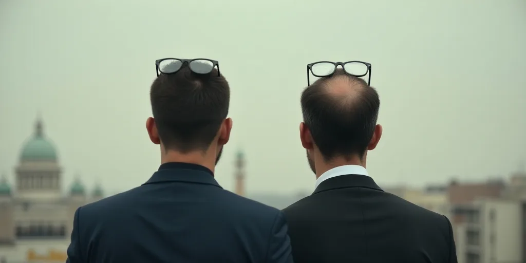 a man with glasses on his head and another man with a tie on his head looking at something in the di