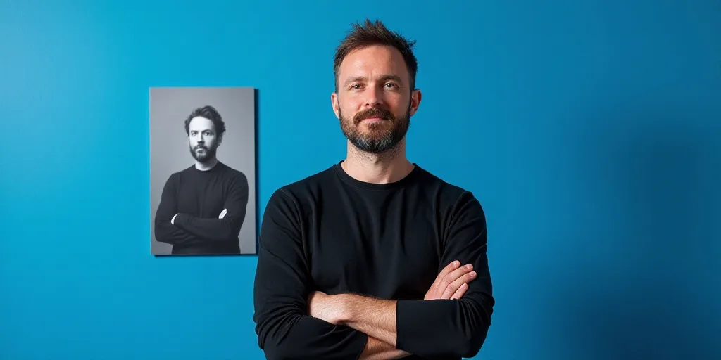 a man with his arms crossed standing in front of a blue background with a black and white photo of h