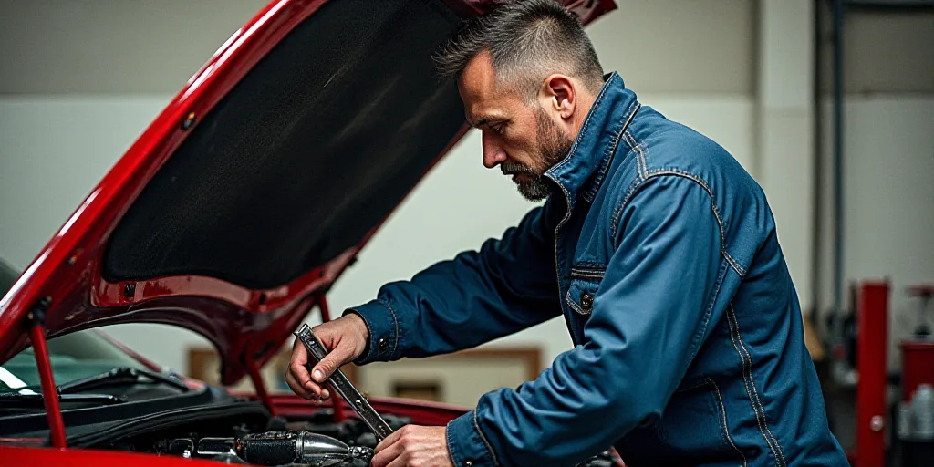 a man working on a car engine in a garage with a wrench on his shoulder and a wrench in his other ha