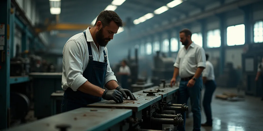 a man working on a machine in a factory with other machinery in the background and a man in white sh