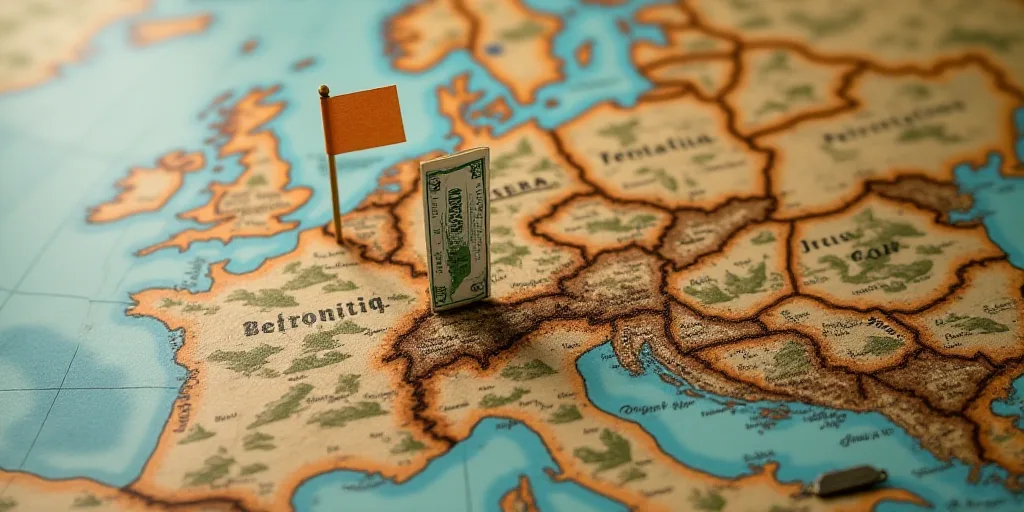 a map with a bunch of money sticking out of it's sides and a flag sticking out of it's sides, Aquira