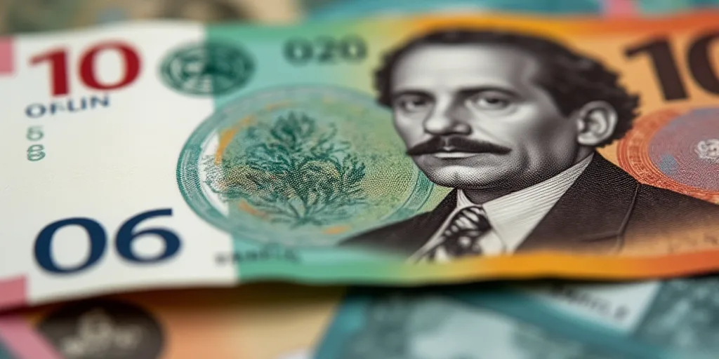 a mexican currency with a portrait of a man on it and a pile of bills in the background with a man's
