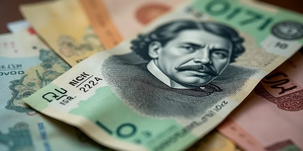 a mexican currency with a portrait of a man on it and a pile of bills in the background with a few b