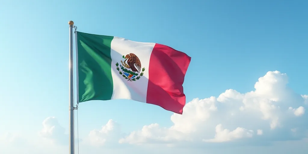 a mexican flag flying in the wind with clouds in the background and a blue sky with white clouds in
