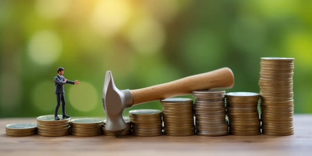 a miniature man standing on top of a pile of coins with a hammer in the middle of the stacks, Andrie