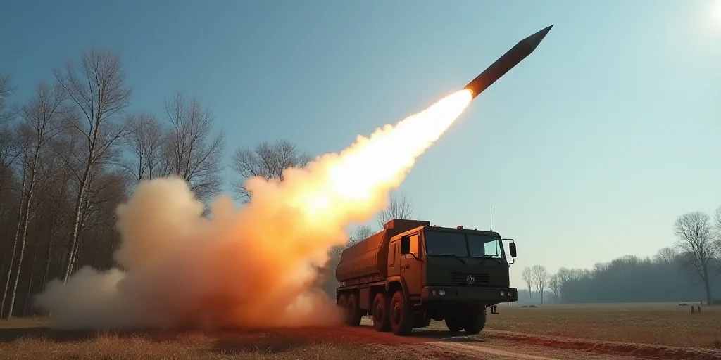 a missile is being fired by a military vehicle in the air with trees in the background and a blue sk