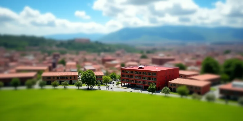 a model of a city with a red building and a green field in the foreground and a blue sky in the back