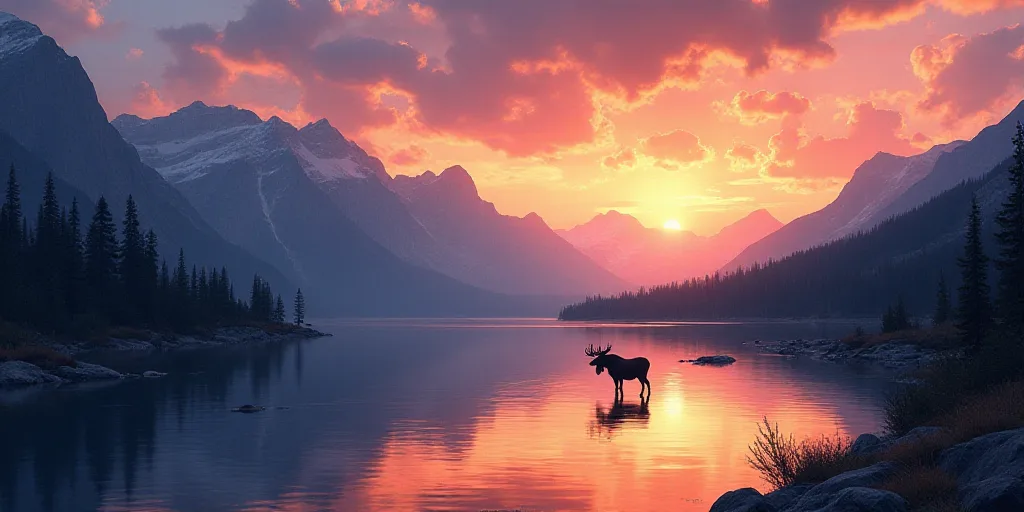 a moose standing in the water near a mountain lake at sunset with a colorful sky and clouds above it