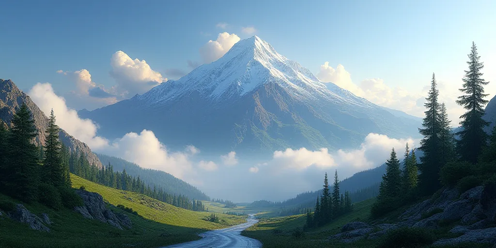 a mountain with a road going through it and trees in the foreground and clouds in the background,, A