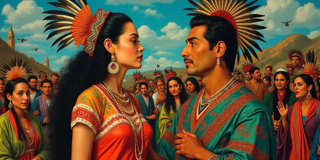 a painting of a woman in native dress surrounded by people and a man in a feathered headdress, Diego