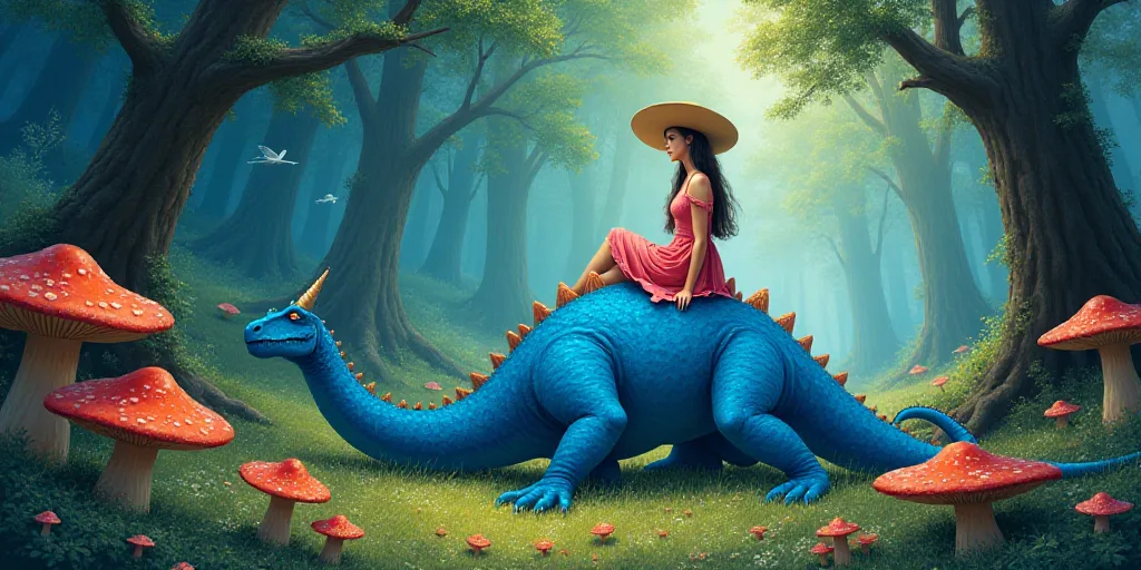 a painting of a woman sitting on a blue dinosaur in a forest with mushrooms and mushrooms around her